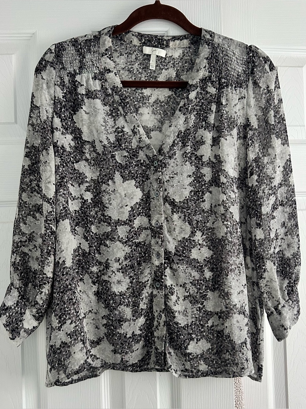 Joie Sheer Floral Print V-Neck Blouse in White and Gray